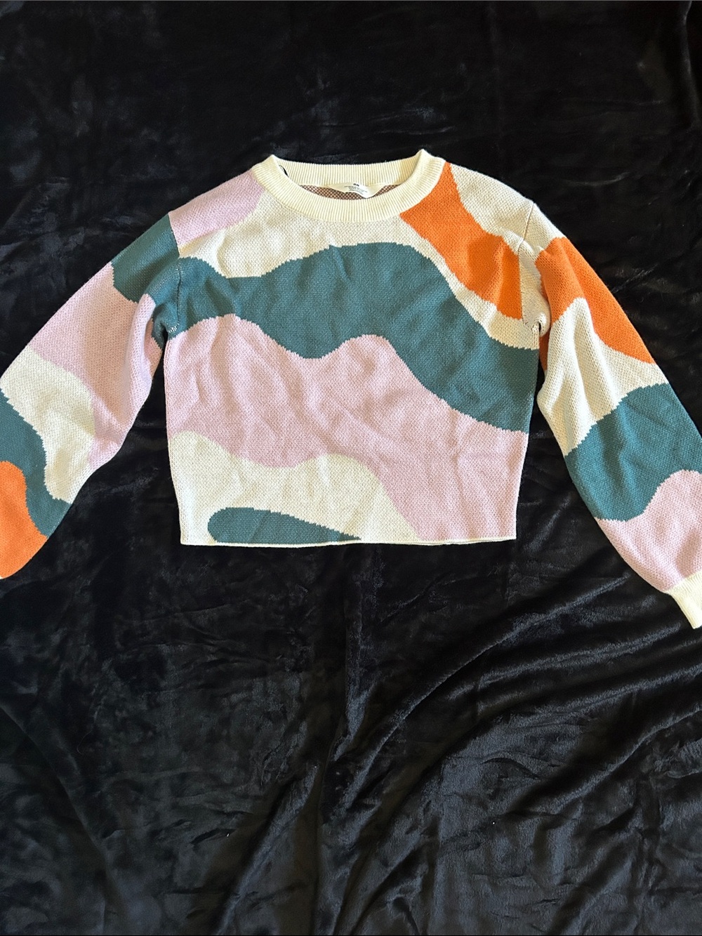 H&M Multicolor Abstract Wave Cropped Sweater - Pink, Teal, Orange, Cream